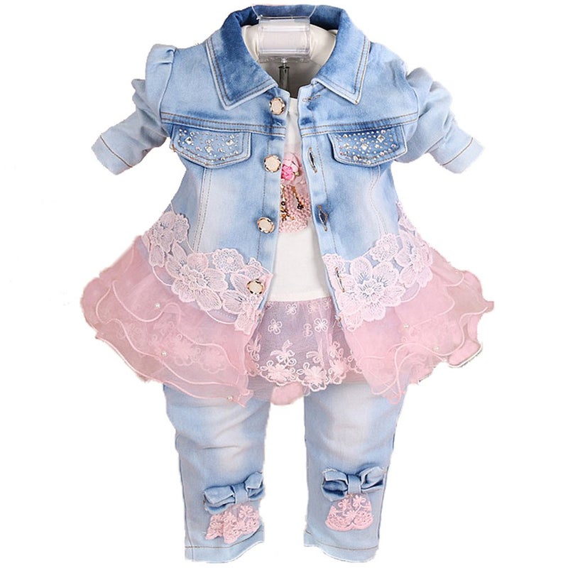 Yao Little Girls Denim Clothing Sets 3 Pieces Sets T Shirt Denim Jacket and Jeans(Pink,4-5Years) - Image 1